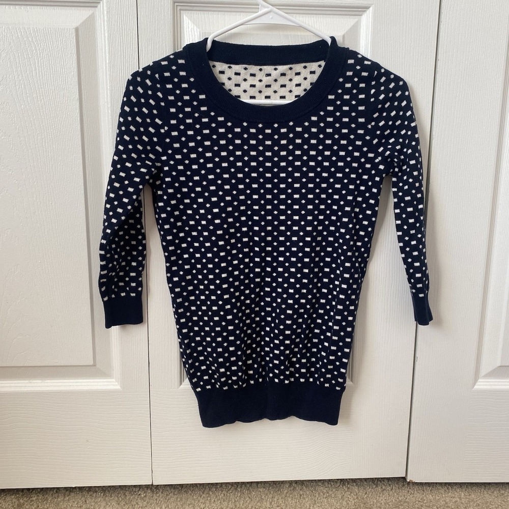 Navy Blue White Geometric Dot Crewneck Sweater 3/4 Sleeve Knit Top